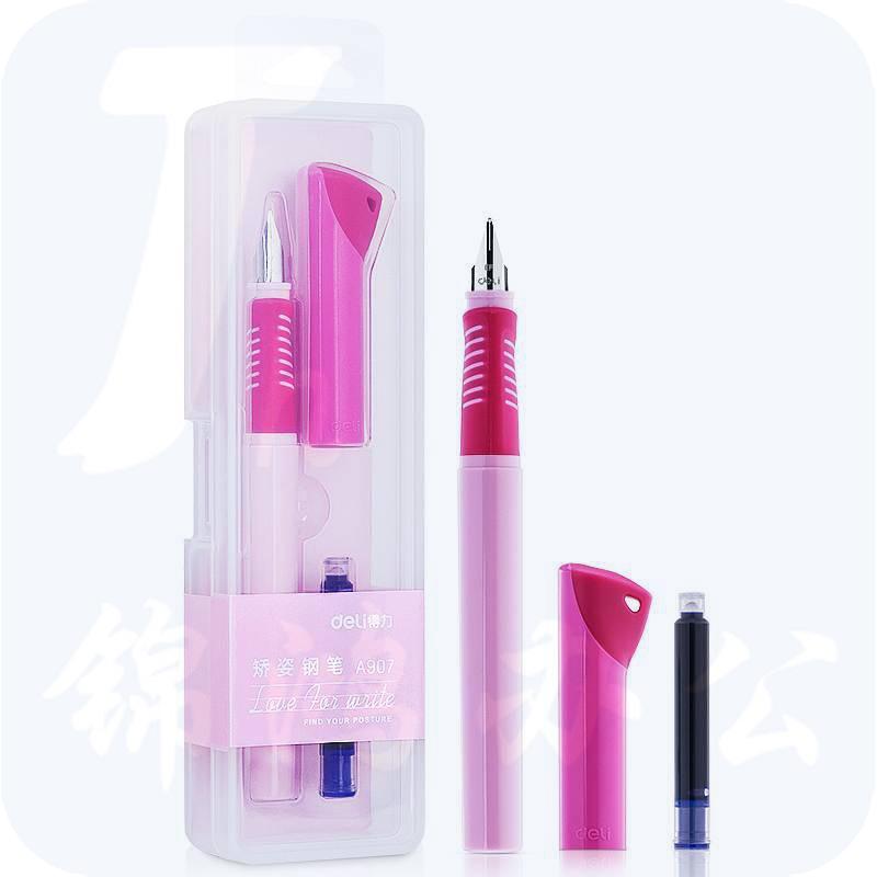 得力 A907 学生矫姿钢笔(可擦纯蓝/笔壳玫红)   1支/盒  按盒销售