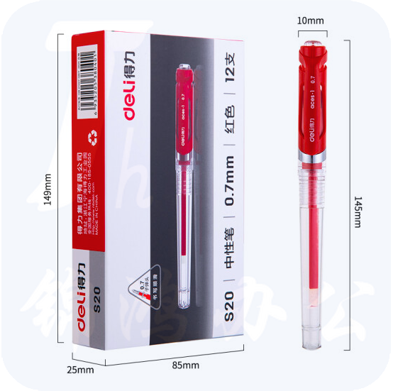 得力S20中性笔0.7mm子弹头(红)12支