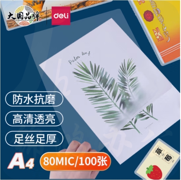 得力 A4 塑封膜护卡膜 216*303mm 100张护卡膜(透明)3816