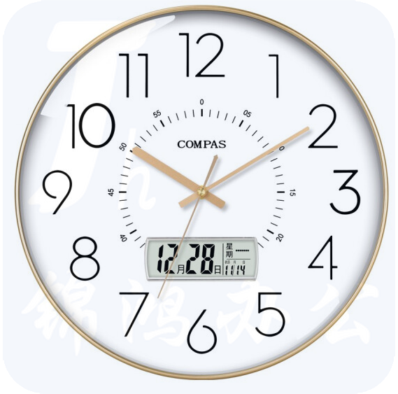 康巴丝 D6219AY金色 35cm挂钟 电波钟 万年历 日历温度显示智能自动对时电波钟