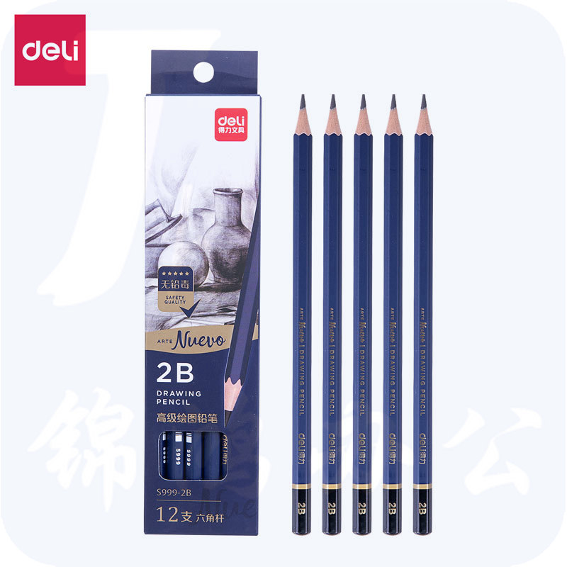 得力S999-2B_高级绘图铅笔12支彩盒装2B铅笔(蓝)(12支/盒)