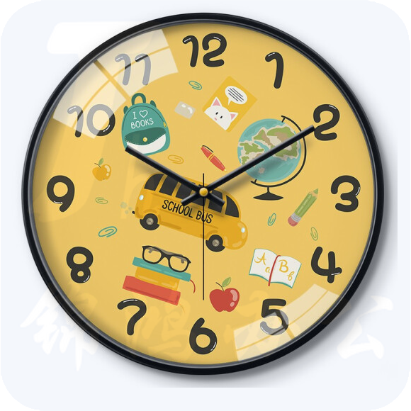 摩门 12英寸 30cm挂钟 儿童房可爱卡通钟表挂钟 校园石英钟金属黑 HE0267