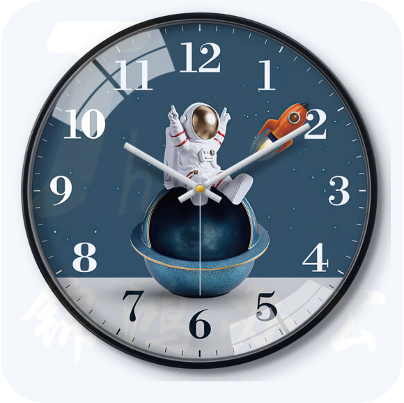 摩门 14英寸35cm挂钟 学校幼儿园卡通宇航员石英钟 金属黑 HK0377