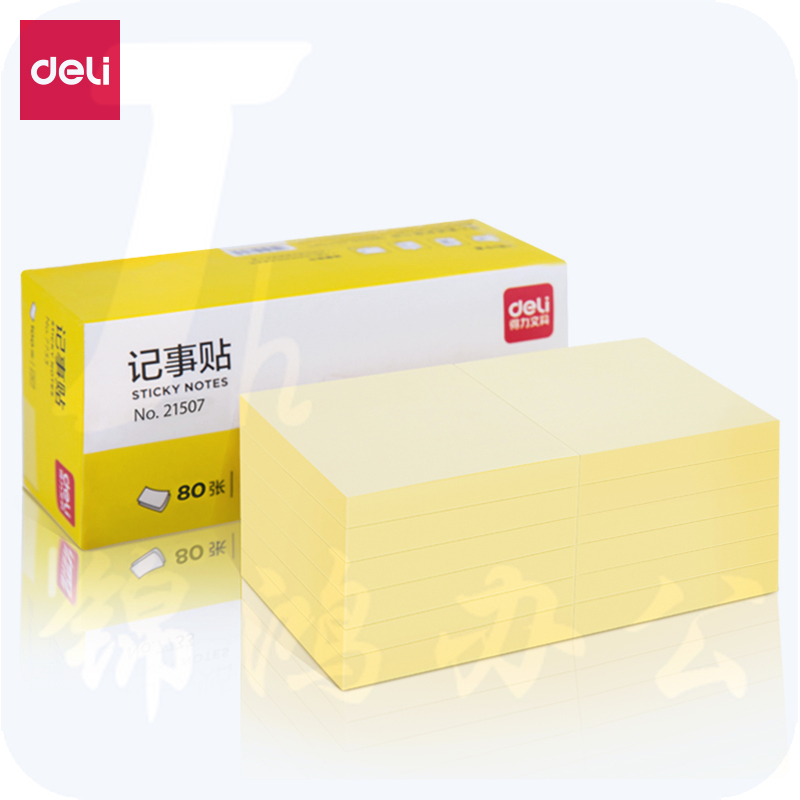 得力21507高劲贴76*76mm80张*12本(黄)彩色记事贴/ 便签本/ 自粘留言本