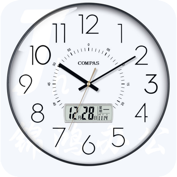 康巴丝 D6219AY钢琴黑 35cm挂钟 电波钟 万年历 日历温度显示智能自动对时电波钟