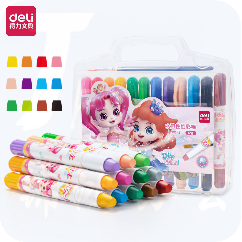 得力72110-12_PP盒装音乐公主水溶性旋彩棒(混)(12色/盒)