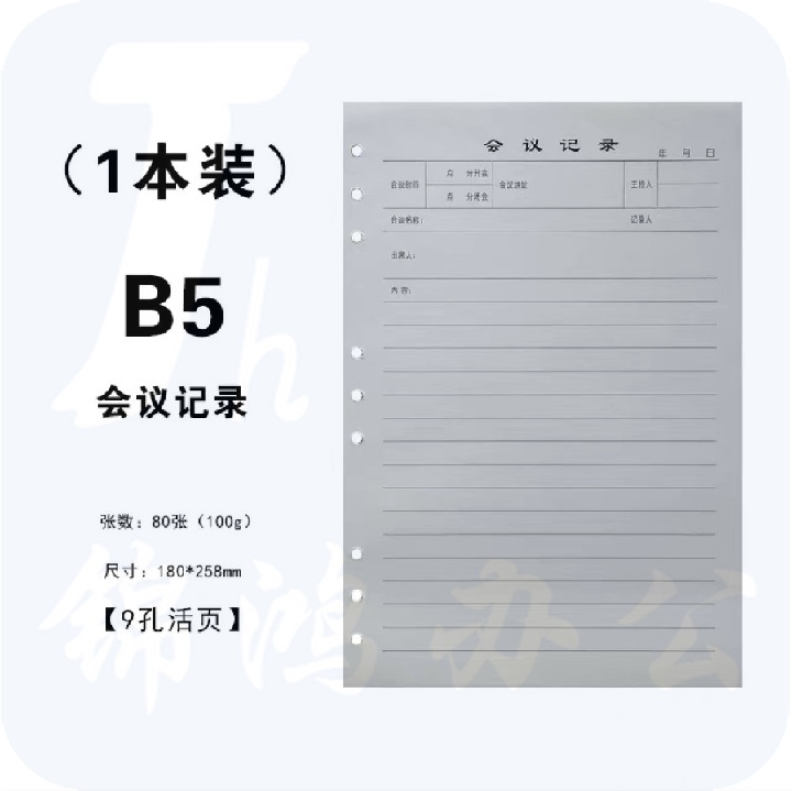 B5活页内芯 替芯 9孔会议记录本替芯  100张（200页）  货号：JC