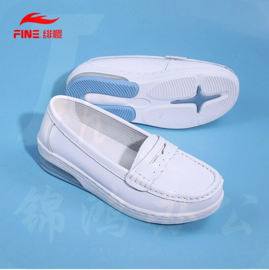 绯樱 1609气垫护士鞋秋冬款真牛皮软底透气浅口低帮平底一脚蹬装饰带33~42码