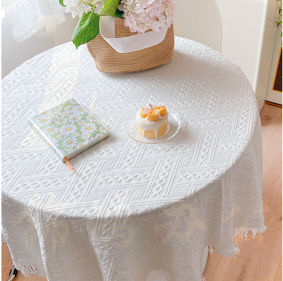 白色桌布床头柜盖布蕾丝高级感圆桌布 T格 经典白：230*340cm