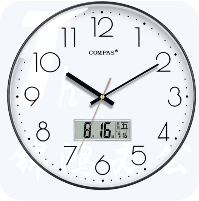 康巴丝 35cm 挂钟13.8寸 时钟万年历钟表自动对时电波钟 C6219AY钢琴黑