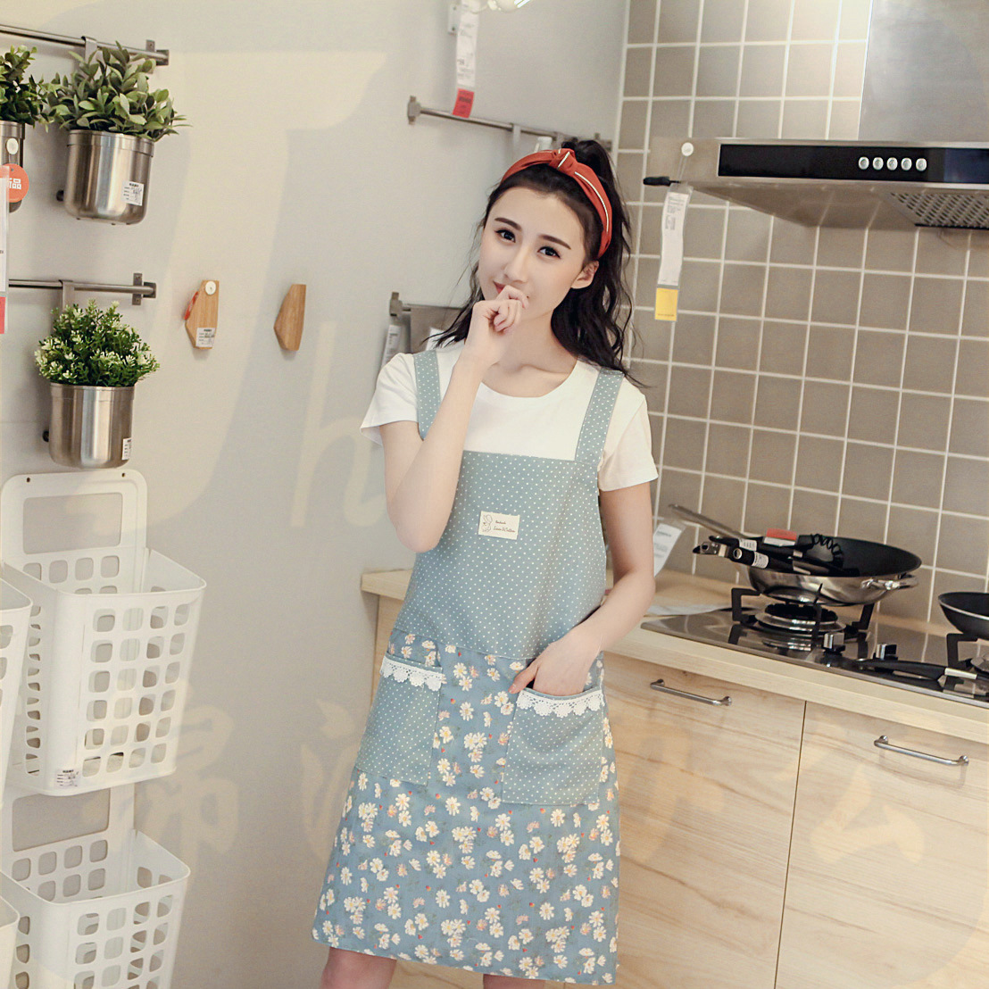 蓝色无袖围裙厨房围裙