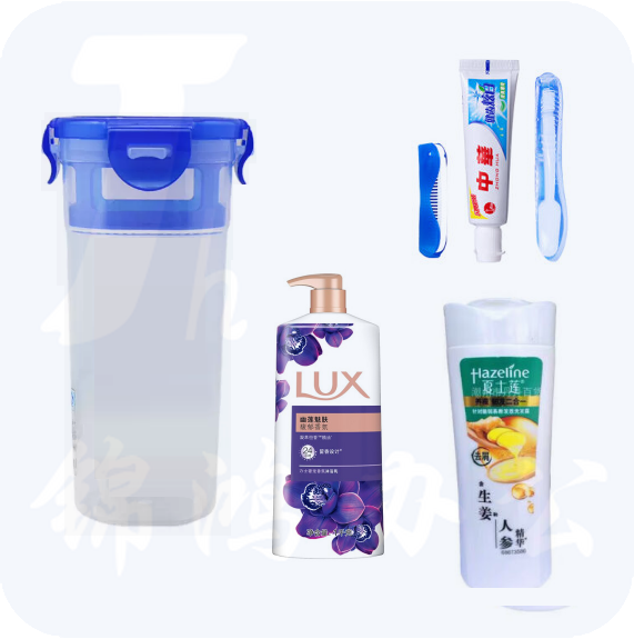 洗漱套装5件套  含牙刷、牙膏、梳子、沐浴乳100g、洗发露100g    货号：YC