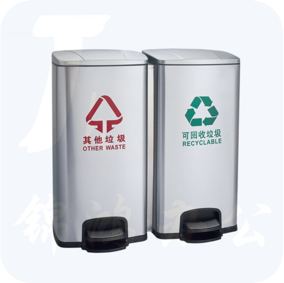60L不锈钢脚踏垃圾桶  脚踩双桶连体垃圾桶