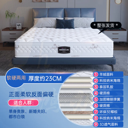 海马 席梦思床垫 独立弹簧椰棕垫 （泰国乳胶、精钢弹簧、3E椰棕） 厚度23cm 尺寸 1200mm*2000mm