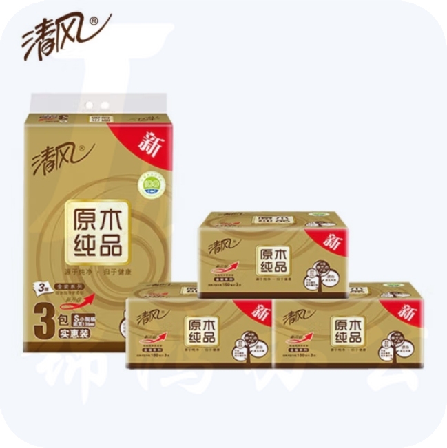清风抽纸金装原木130抽3层 餐巾纸 3包/提BR36MJ1