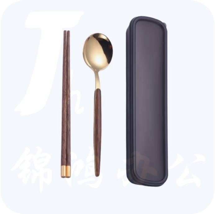 便携餐具筷子+不锈钢勺子套装 金色勺+筷子【带盒+袋子】不含叉子