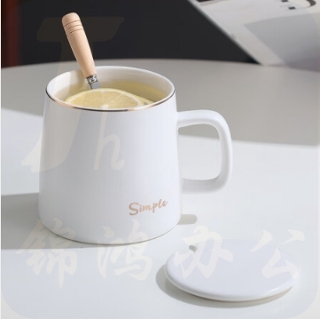 传旗 陶瓷马克杯350ml带勺盖咖啡杯水杯子办公室茶杯 白色礼盒套装