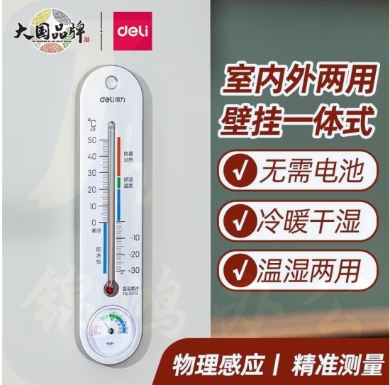 得力（deli）经典挂壁式温度计 家用室内温度表 免电池温湿度计 银色 9013