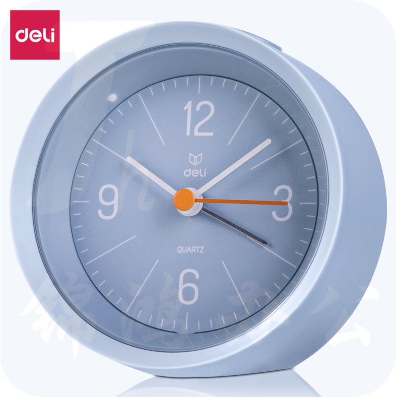 得力（deli）圆形小闹钟学生儿童起床渐响闹钟家庭卧室床头宿舍桌面带夜灯时钟 雾霾蓝 LE300-BU