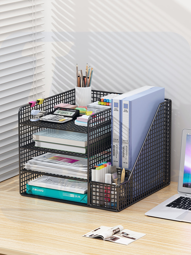 办公桌面置物架文件收纳架文件收纳盒办公用品大全多层文件架A4文件框文件夹资料档案整理架铁艺金属书立架子